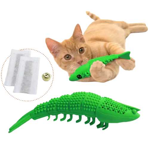 Chat jouant avec un crocodile en peluche, faisant la promotion de ’Toothbrush for Cats : Oral Health Made Easy’ brosse à dent Transparent Background