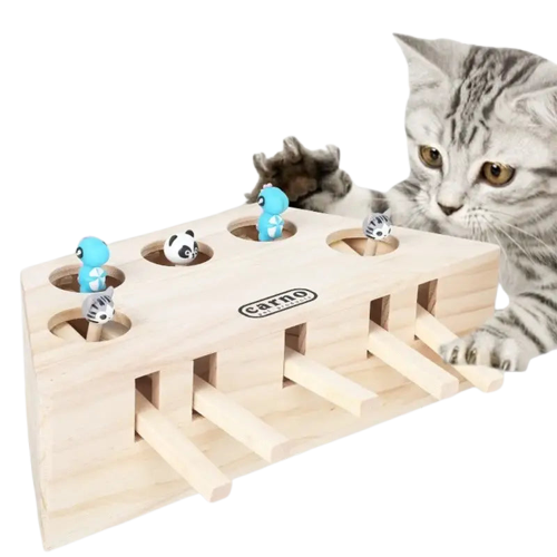 Un chat s’amusant avec une souris interactive en bois, montrant ainsi son instinct de joueur Transparent Background