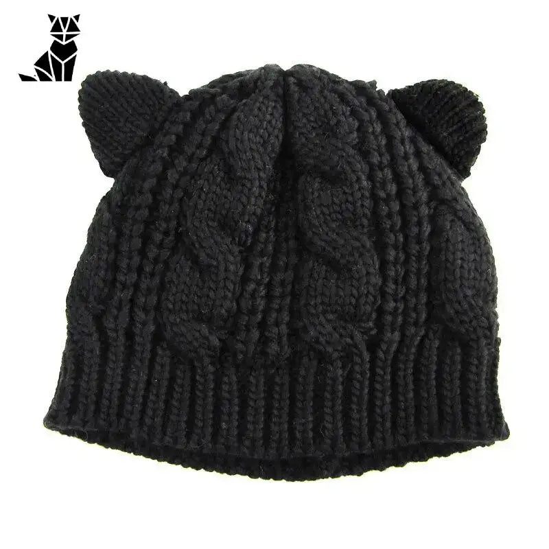 Bonnet Chat Kawaii Avec Petites Oreilles En Coton Tricoté à La Main - Noir