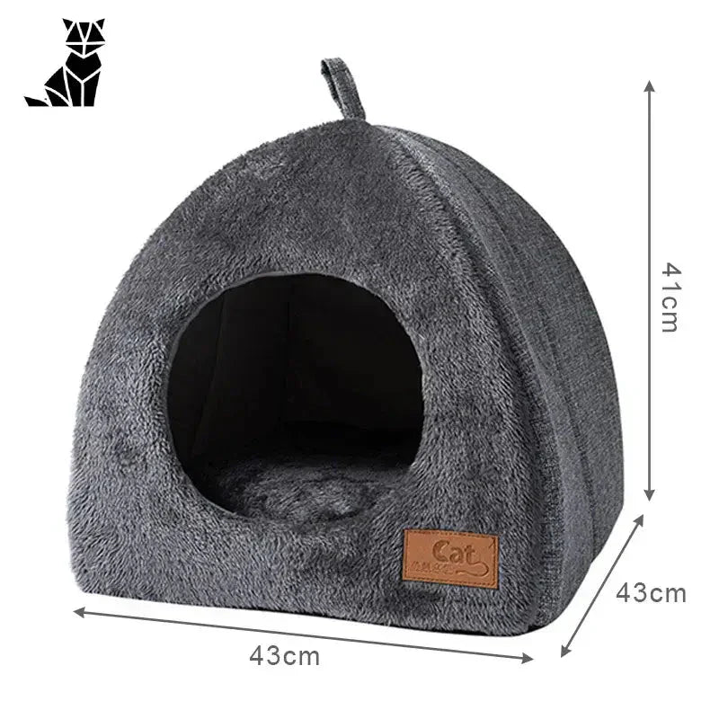 Cabane à chat douillette : Maison de chat grise avec étiquette en cuir marron facile à nettoyer pour votre ami félin