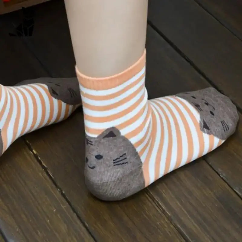 Chaussettes Chats Adorables Avec Rayures Colorées Et Broderies Mignonnes