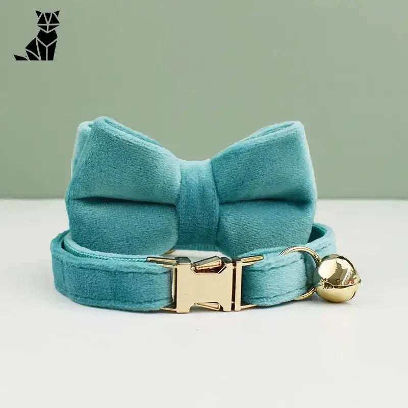 Collier pour chat en velours bleu avec fermoir en métal doré. Texture luxueuse en velours