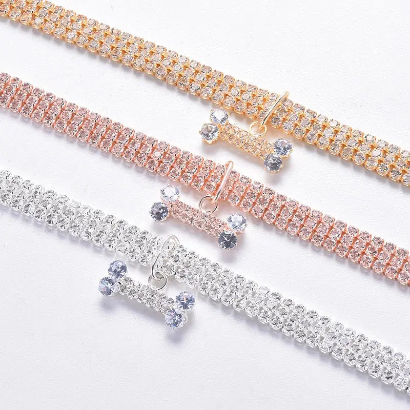 Collier orné : Ensemble de trois bracelets en or et en argent pour Collier de chien en diamant avec pendentif en os