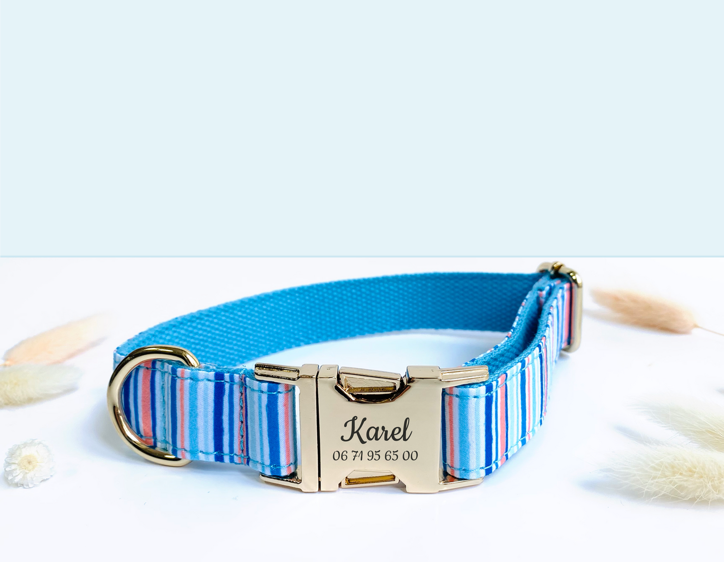 Collier Chien Personnalisé Coton Rayé Bleu Ciel