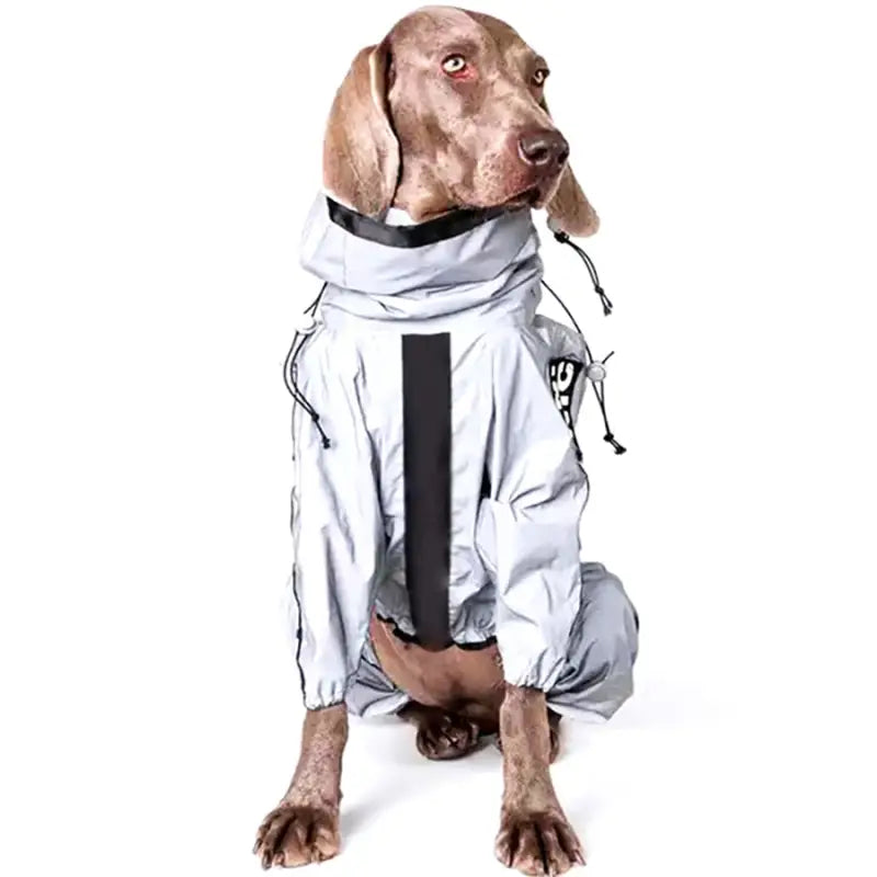 Chien en combinaison imperméable réfléchissante avec cravate et veste