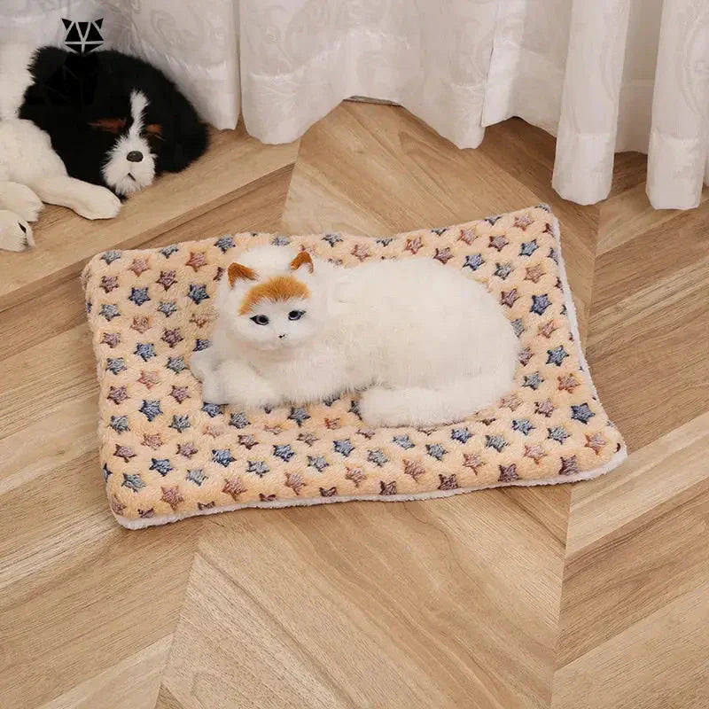 Chat blanc se reposant sur un tapis avec une couverture en flanelle douce pour un confort optimal