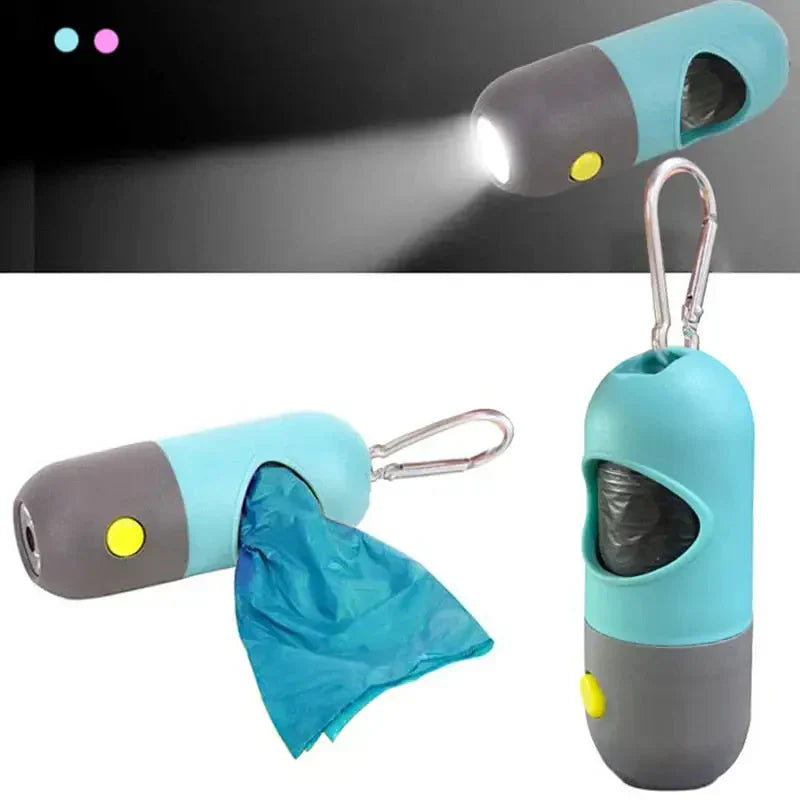 Distributeur de sacs à crottes LED pour les promenades nocturnes - Lampe de poche avec sac bleu, parfait pour les promenades nocturnes