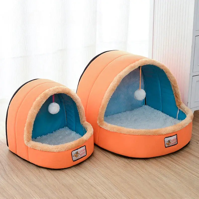 Deux lits pour chat orange et bleu avec boule blanche - Espace personnel confortable pour chats - Espace