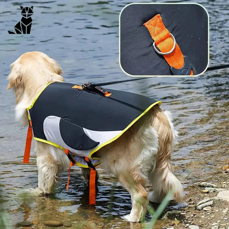 Chien profitant de l’eau dans le gilet de sauvetage Shark pour chiens - flottabilité et design amusant