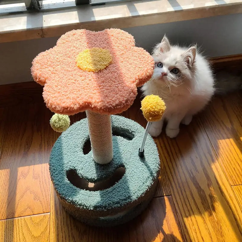 Un chat assis à côté d’un arbre à chat - griffoir pour chat de Tournesol Ajoute pour des griffades amusantes et naturelles