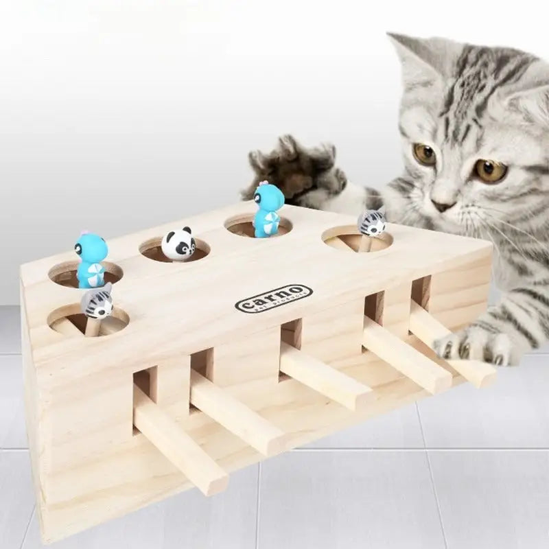 Un chat s’amusant avec une souris interactive en bois, montrant ainsi son instinct de joueur