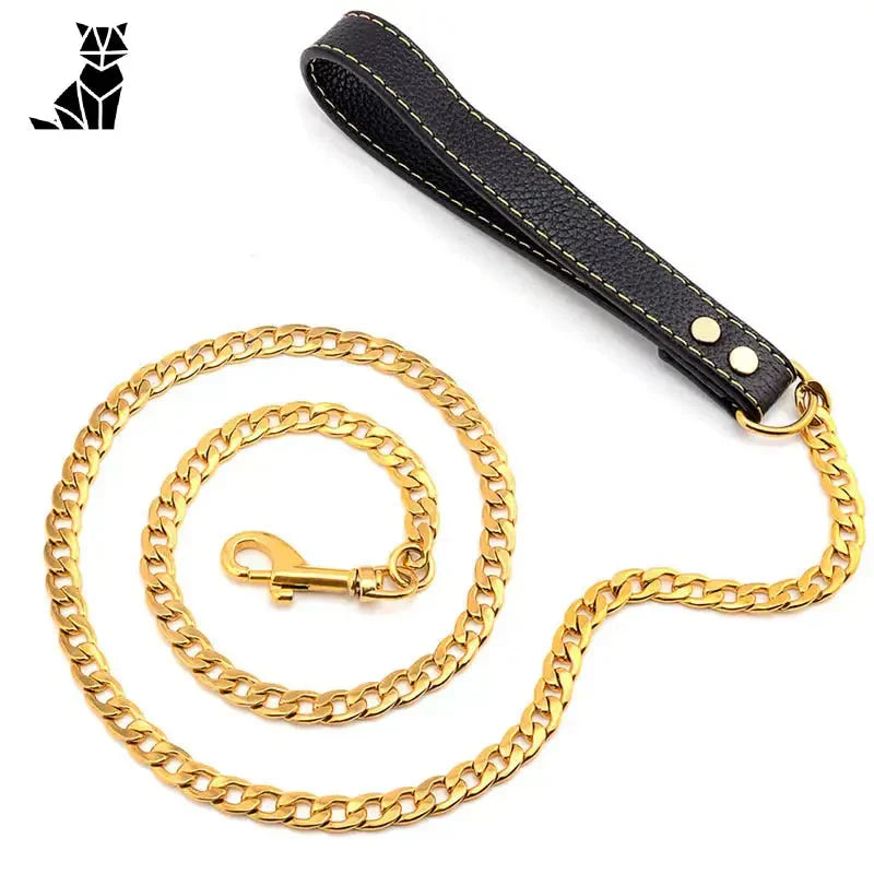 Laisse en chaîne dorée pour chiens : sangle élégante en cuir noir avec chaîne dorée acier durable