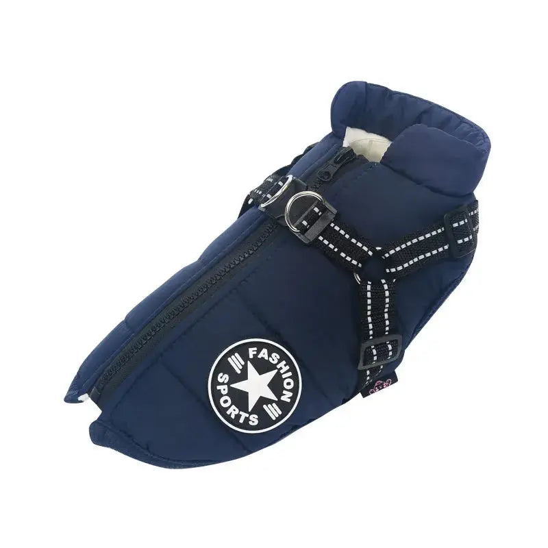 Sac banane bleu avec étoile blanche pour Comfort Coat for Dogs - Harnais intégré, idéal pour les promenades