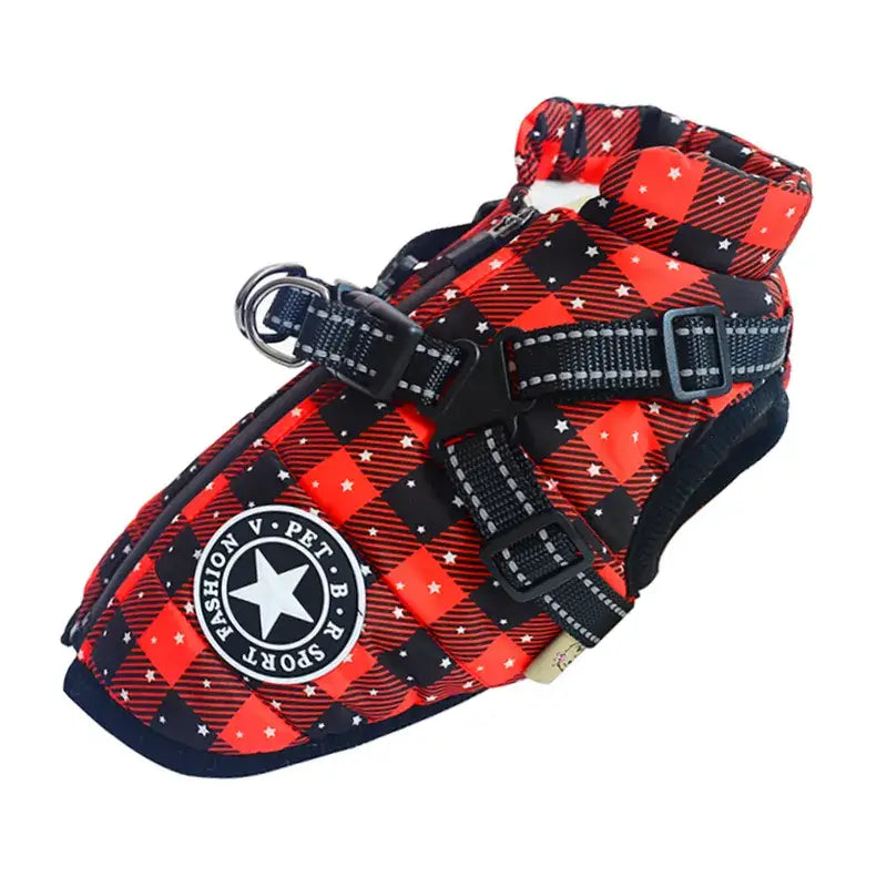 Harnais intégré confortable pour chiens - rouge et noir avec des étoiles, parfait pour les promenades
