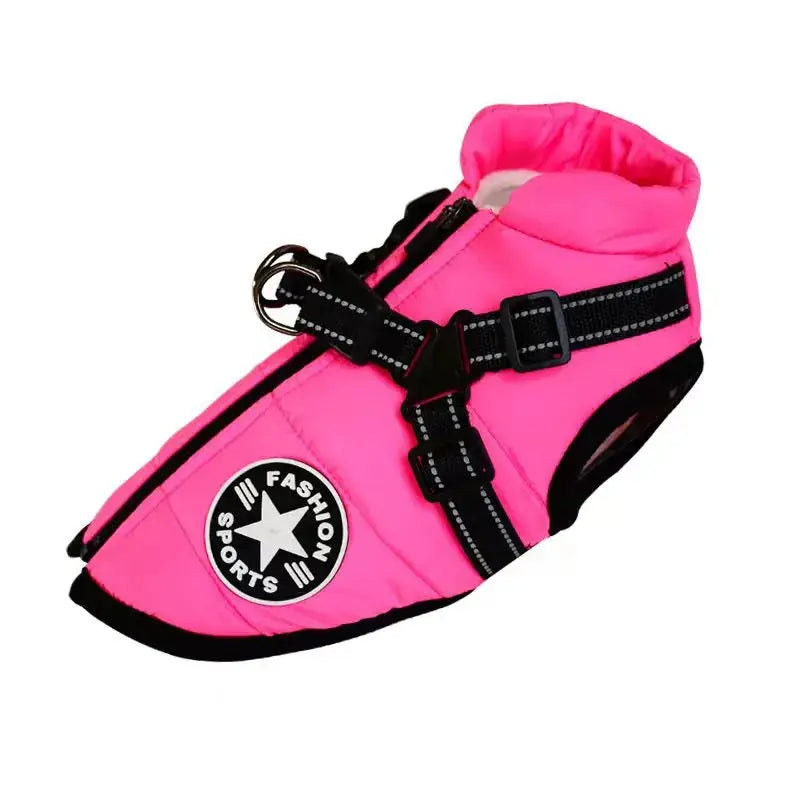 Chaussure pour chien rose avec étoile noire sur le côté - parfaitement assortie à Comfort Coat for Dogs, harnais intégré