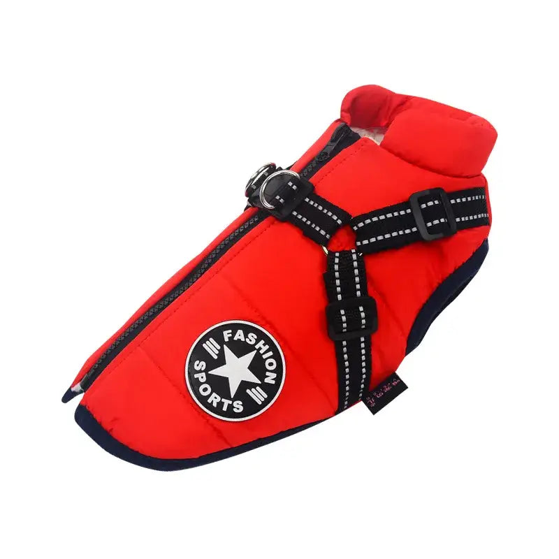 Manteau Confort pour chiens - Rouge avec étoile noire, harnais intégré pour des promenades confortables