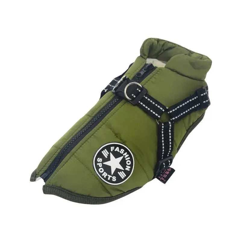 Veste pour chien verte avec fermeture éclair, étoile blanche ; Comfort Coat for Dogs - harnais intégré pour les promenades