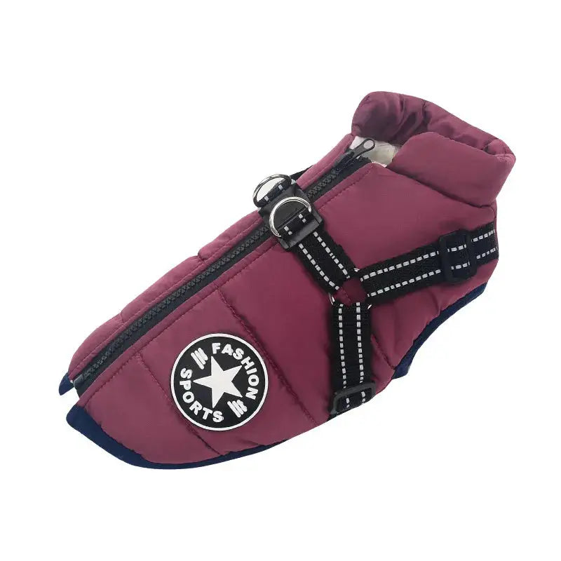 Dog in Comfort Coat for Dogs ; harnais intégré, veste violette avec logo noir et blanc