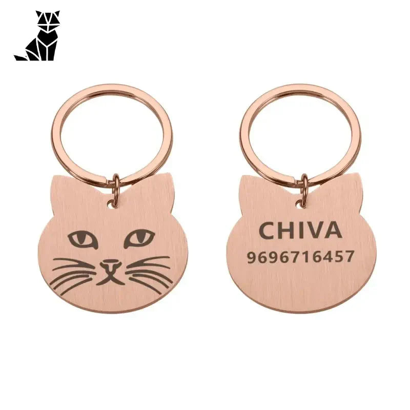 Porte-clés visage de chat - Médaille d’identité transparente, acier inoxydable