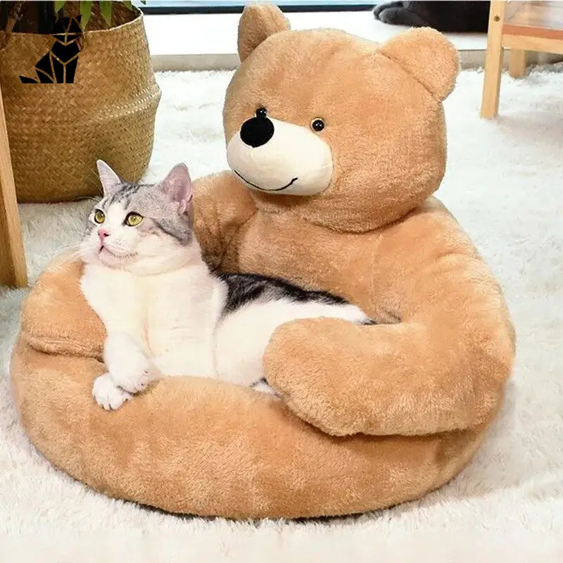 Chat câlinant un ours en peluche dans un doux nid d’hiver pour chiens, cozy lit et câlin dours