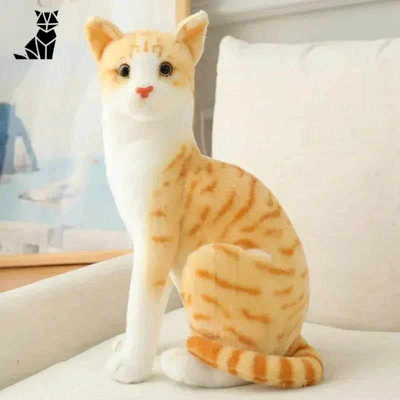 Peluche chat réaliste - Peluche Chat assis sur un canapé blanc d’une douceur inégalée