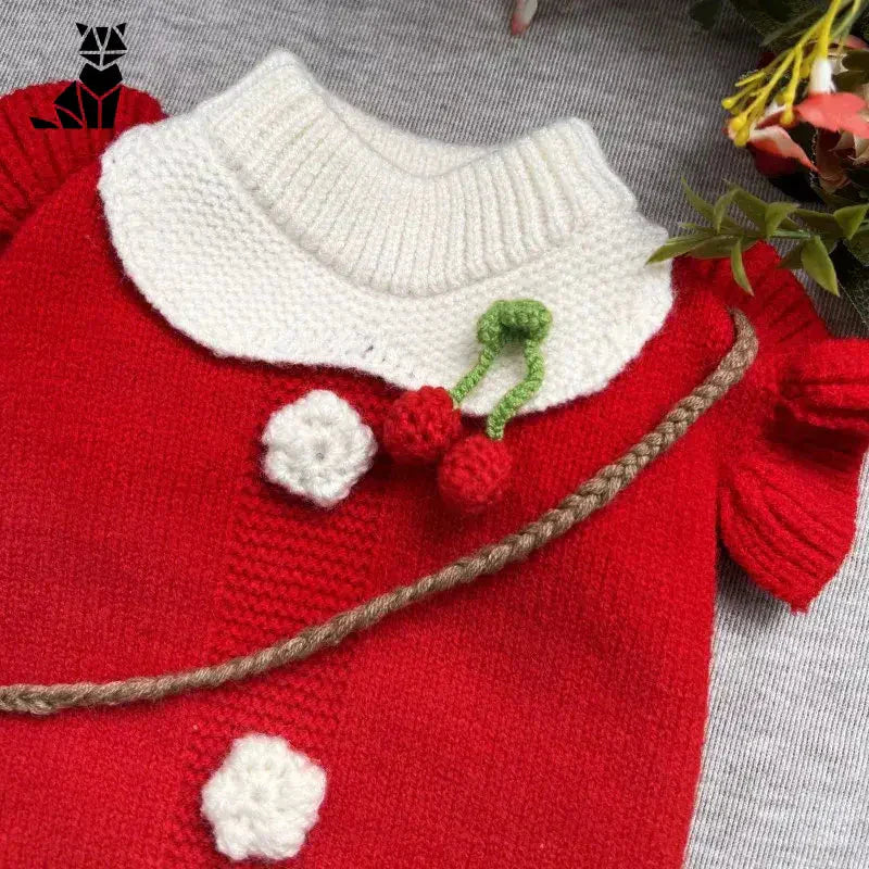 Pull de Noël pour chiens en matière chaude avec motifs festifs rouges, blancs et feuilles vertes