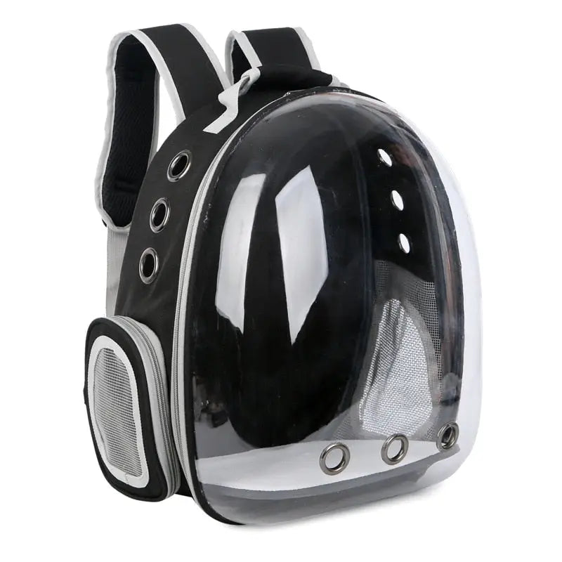 Gros plan sur le sac à dos transparent pour chat avec casque - un design unique pour les chats qui voyagent