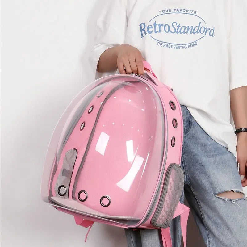 Fille avec sac à dos rose, chemise blanche, jeans - Sac à dos transparent pour chat : Design unique