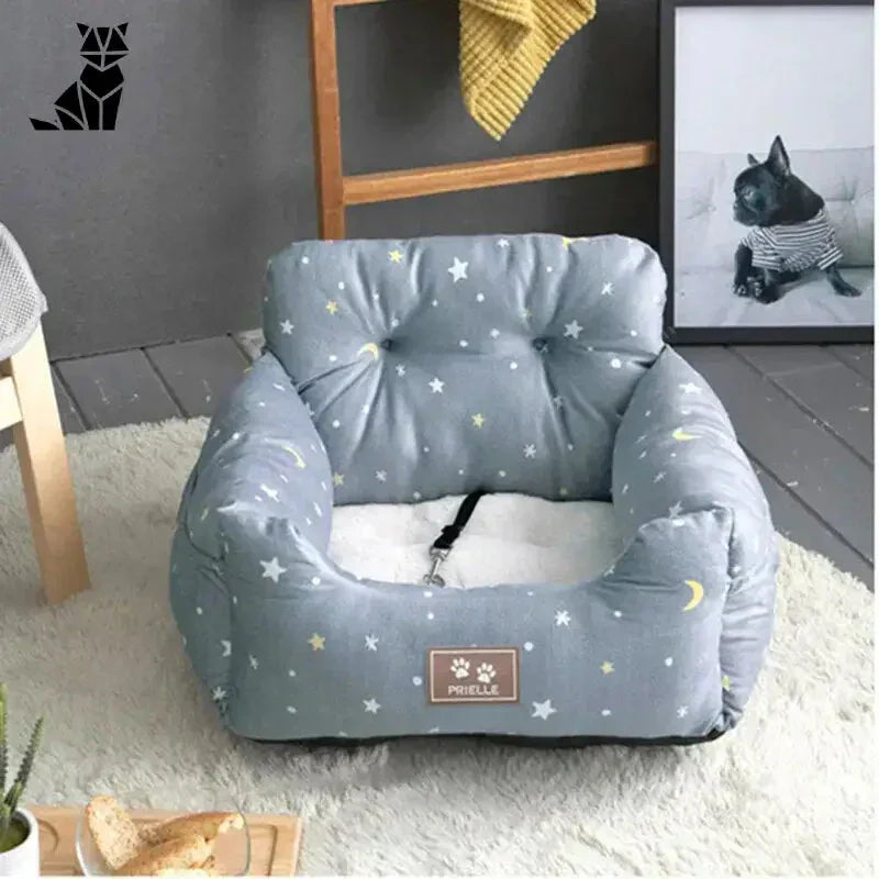 Lit pour chien avec impression d’étoiles et de lune dans un sac de transport universel avec sécurité intégrée pour les animaux