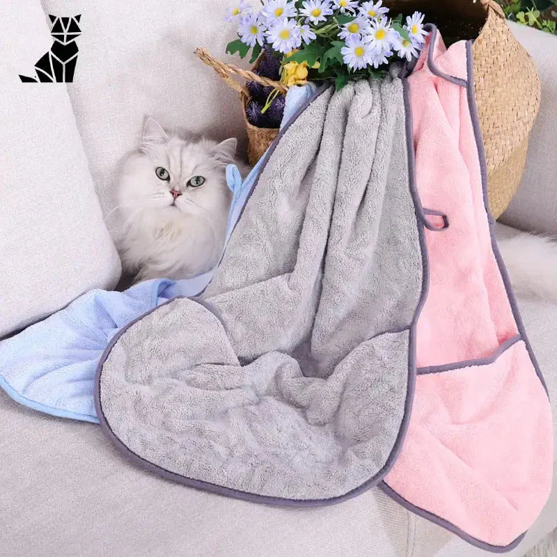 Un chat se prélassant sur un canapé avec un séchage rapide pour chats (serviette)