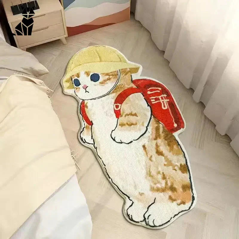 Adorable chat de dessin animé avec un sac à dos sur le tapis de sol ludique Cartoon Cat